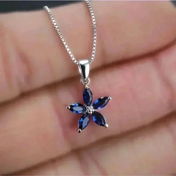 Sterling Silver 925 Blue Sapphire Flower Pendant Necklace - Picture 4 of 5